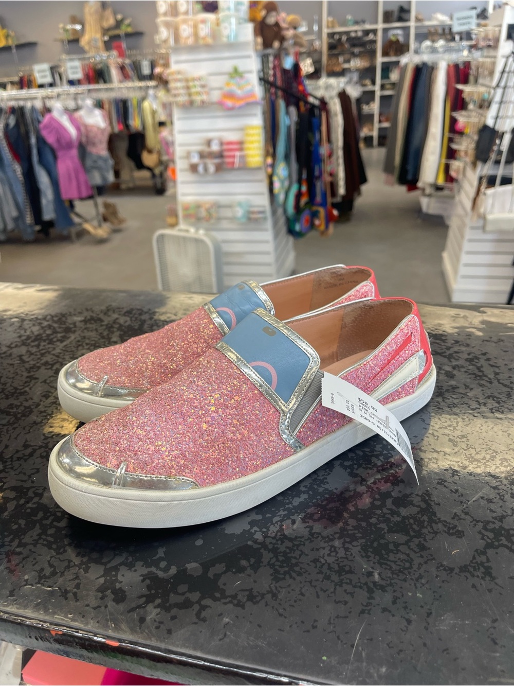 kate spade Pink Glitter Slip-On Sneakers with Silver Trim